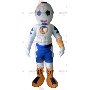 Λευκή και μπλε στολή μασκότ BIGGYMONKEY™ με κεφάλι από μπαλόνι