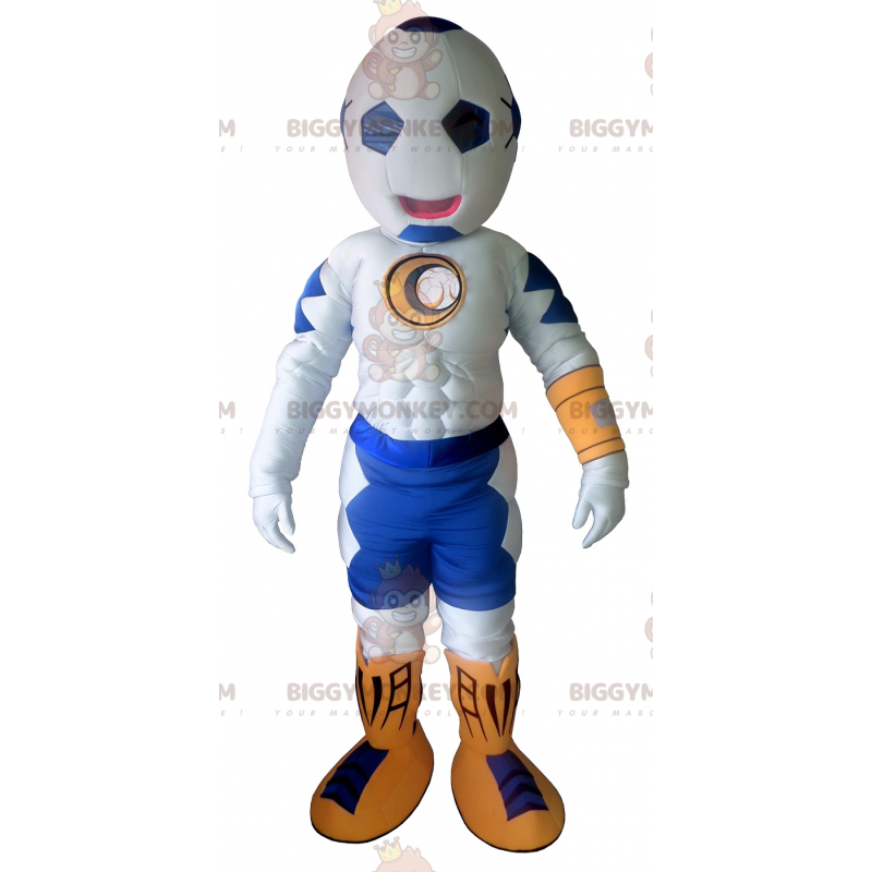 Traje de mascote BIGGYMONKEY™ branco e azul com cabeça de balão
