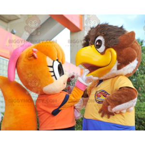 2 BIGGYMONKEY's mascotte een grote bruine vogel en een oranje