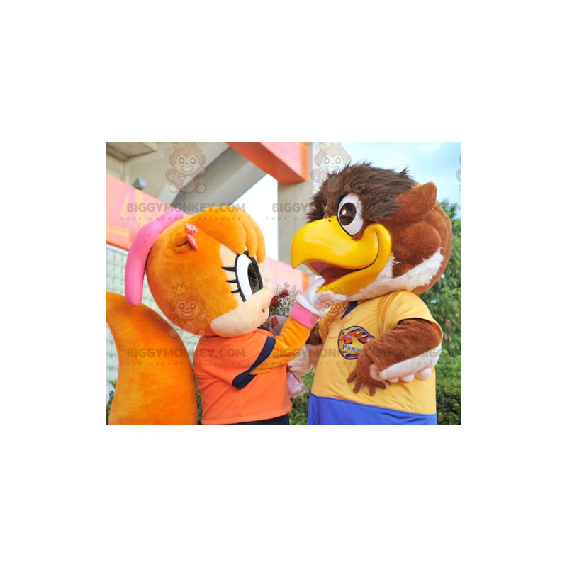 2 BIGGYMONKEY™-maskotti iso ruskea lintu ja oranssi orava -