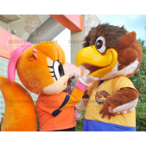 2 BIGGYMONKEY's mascotte een grote bruine vogel en een oranje