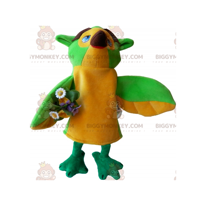 Fugl BIGGYMONKEY™ maskotkostume med buket blomster -