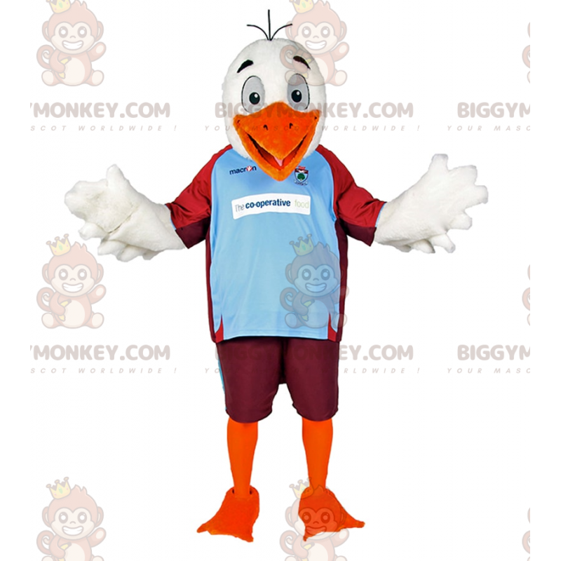 Weißer Vogel BIGGYMONKEY™ Maskottchen-Kostüm im Fußball-Outfit