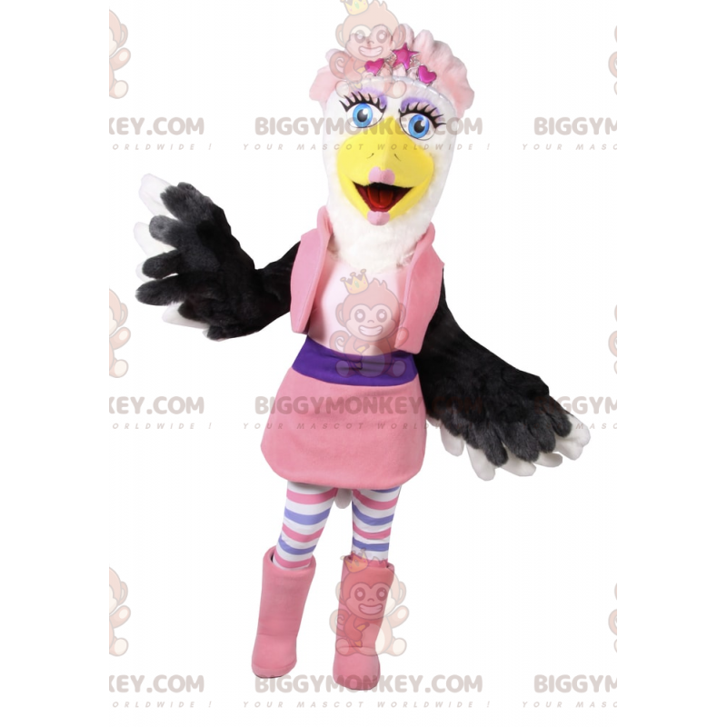 BIGGYMONKEY™ maskotdräkt av vit och svart fågel i glamorös rosa