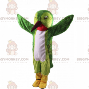 Personaje de disfraz de mascota Forest Green Kiwi vestido con un mono corto  y broches para bufanda - Disfraces de mascotas -  Tamaño L  (175-180 CM)