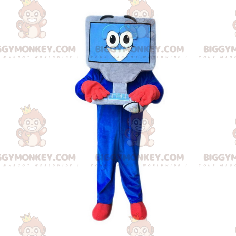 Gray and Blue Computer BIGGYMONKEY™ Mascot Costume with Smiling