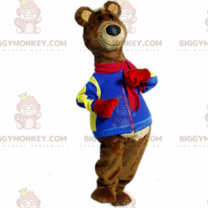 Kostým maskota medvěda BIGGYMONKEY™ s hnědými vlasy a modrým
