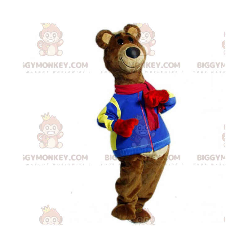 BIGGYMONKEY™ Bear Mascot Costume with Brown Hair and Blue