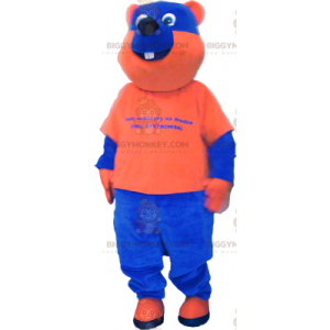Blå och orange tvåfärgad björn BIGGYMONKEY™ maskotdräkt -