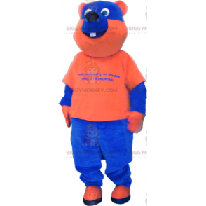 Blauw en oranje tweekleurige beer BIGGYMONKEY™ mascottekostuum