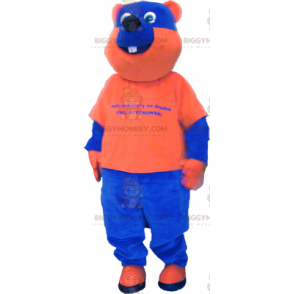 Traje de mascote de urso bicolor azul e laranja BIGGYMONKEY™ –