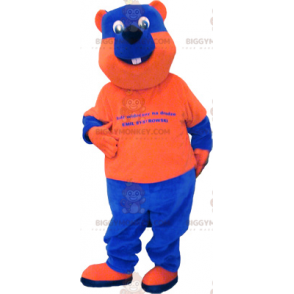 Traje de mascote de urso bicolor azul e laranja BIGGYMONKEY™ –