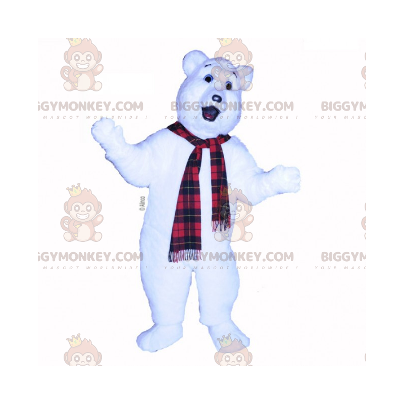 Polar Bear BIGGYMONKEY™ Mascot Costume with Plaid Scarf –