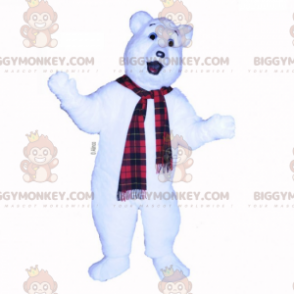 Polar Bear BIGGYMONKEY™ Mascot Costume with Plaid Scarf –