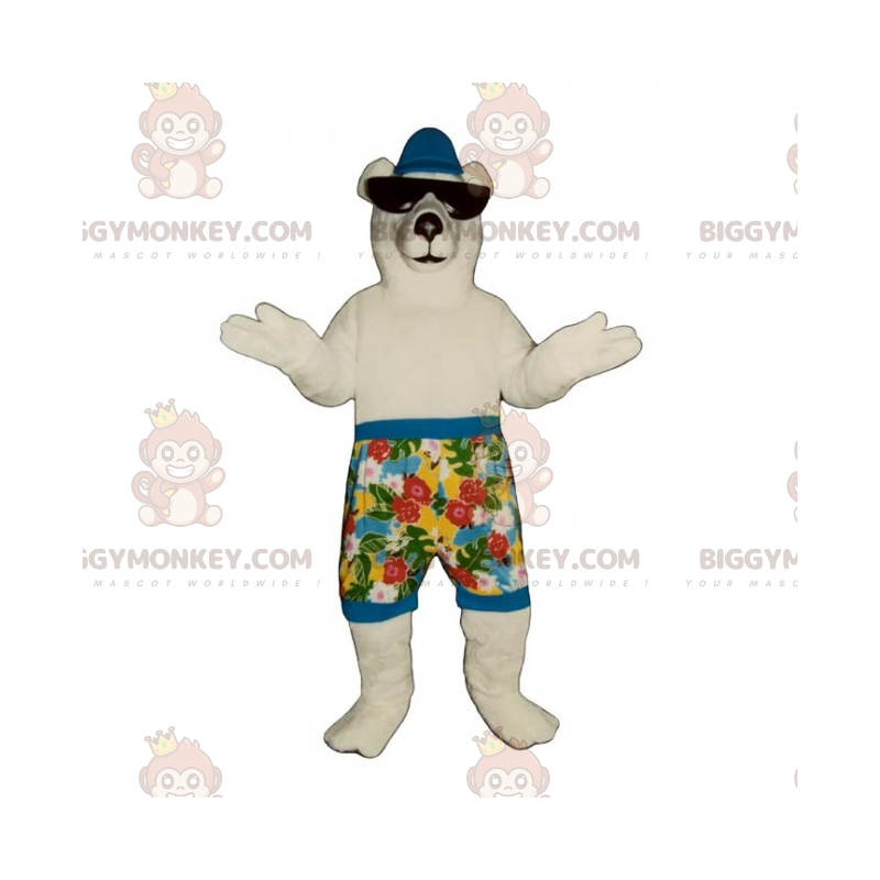 IJsbeer BIGGYMONKEY™ mascottekostuum in zwemshort en zonnebril