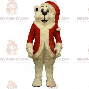 Polar Bear BIGGYMONKEY™ Mascot Costume In Santa Outfit -