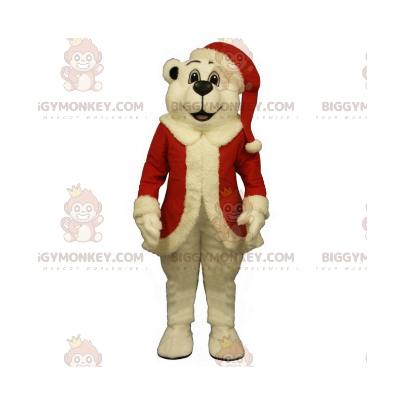 Polar Bear BIGGYMONKEY™ Mascot Costume In Santa Outfit –