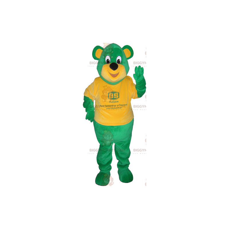 Grön björn BIGGYMONKEY™ maskotdräkt med orange t-shirt -