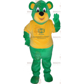 Green Bear BIGGYMONKEY™ maskottiasu oranssilla T-paidalla -