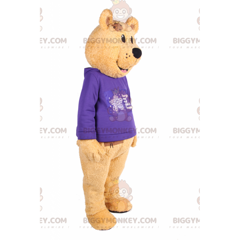 Bär BIGGYMONKEY™ Maskottchenkostüm mit lila Pullover -