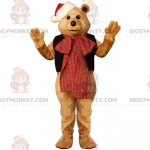 BIGGYMONKEY™ Bear Mascot Costume with Bow and Santa Hat -