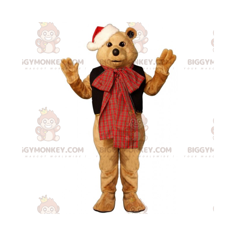 BIGGYMONKEY™ Bear Mascot Costume with Bow and Santa Hat -