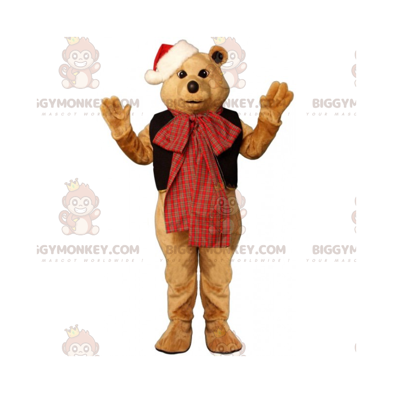 BIGGYMONKEY™ karhun maskottiasu rusetilla ja joulupukin hatulla
