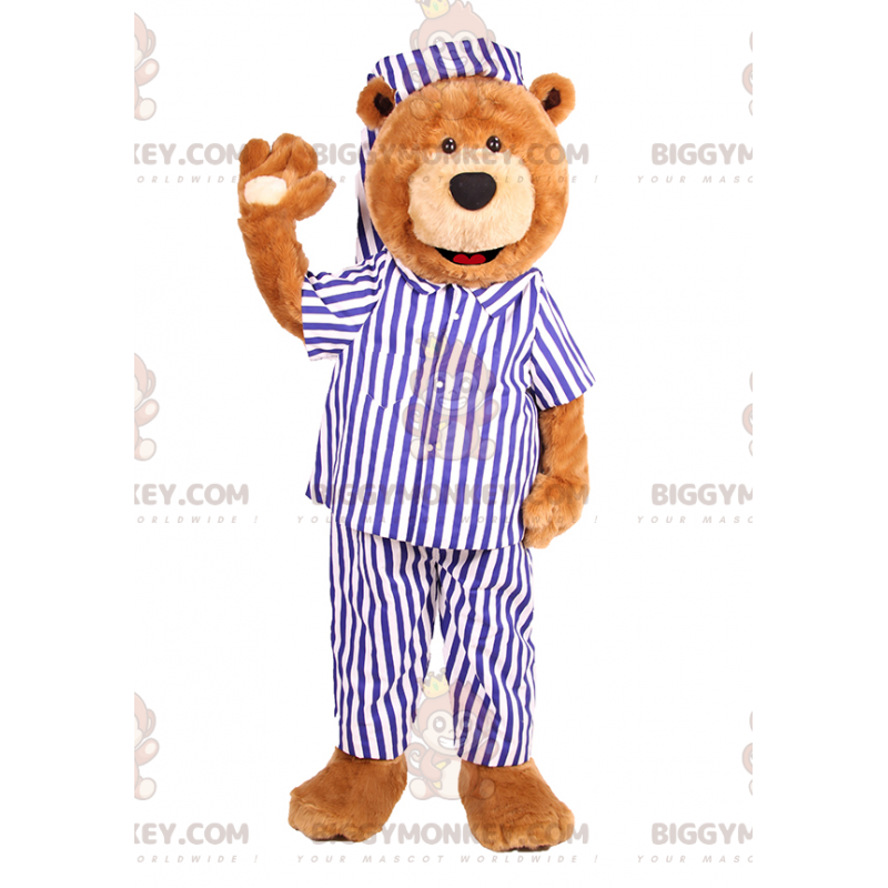BIGGYMONKEY™ Bären-Maskottchen-Kostüm im gestreiften Pyjama -