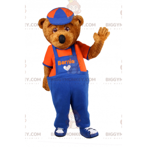 BIGGYMONKEY™ Bear Mascot Costume In Overalls And Cap –
