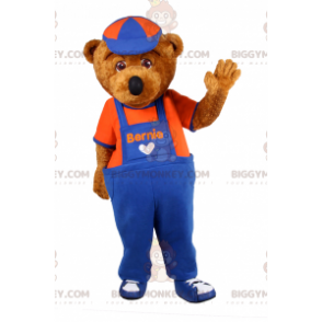BIGGYMONKEY™ Bear Mascot Costume In Overalls And Cap -