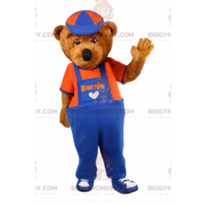 BIGGYMONKEY™ Bear Mascot Costume In Overalls And Cap –