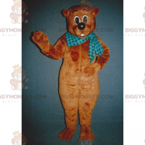 BIGGYMONKEY™ Maskotdräkt Brun björnunge med blå plädscarf -