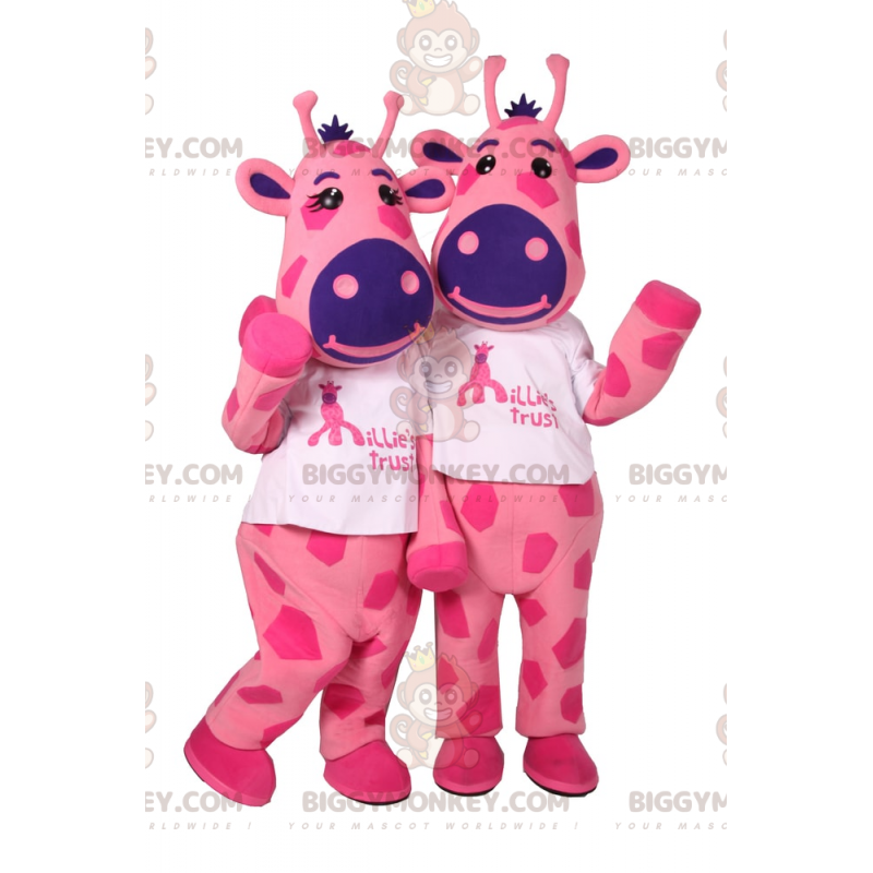 Mascot Costume BIGGYMONKEY™ duo of pink cowhide and Blue nose –