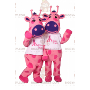 Mascot Costume BIGGYMONKEY™ duo of pink cowhide and Blue nose –