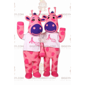 Mascot Costume BIGGYMONKEY™ duo of pink cowhide and Blue nose –