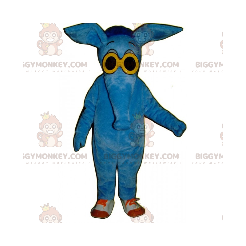 Traje de mascote de elefante azul com óculos amarelos