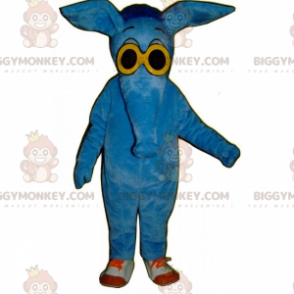 Traje de mascote de elefante azul com óculos amarelos