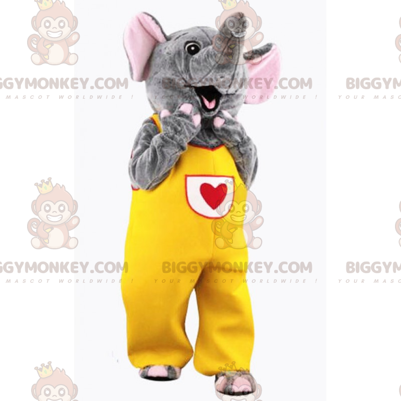 BIGGYMONKEY™ elefantmaskotkostume i gul jumpsuit med hjerte -