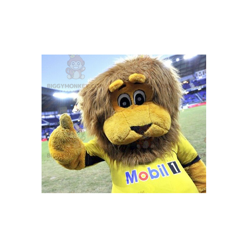 Traje de mascote BIGGYMONKEY™ de leão amarelo com juba marrom –