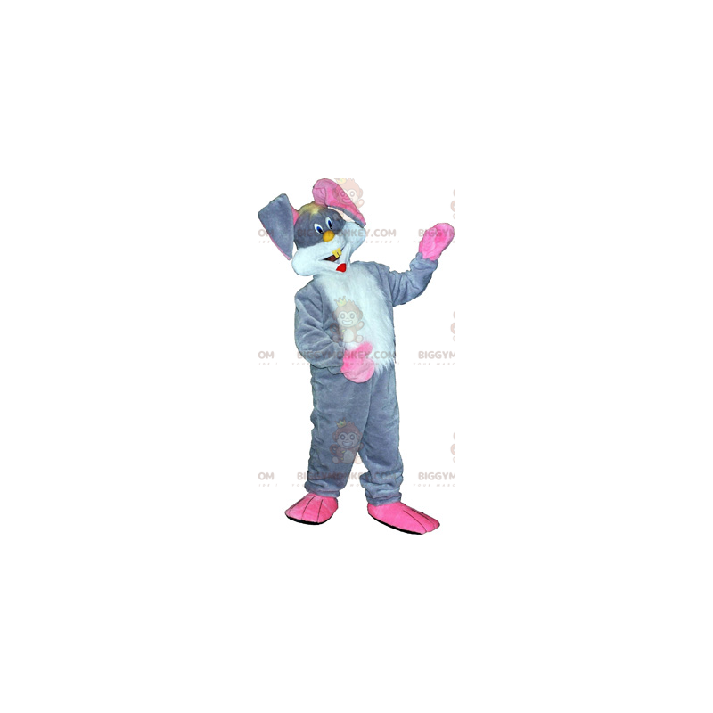 Στολή μασκότ BIGGYMONKEY™ Grey Bunny και Big Pink Ears -