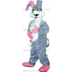 BIGGYMONKEY™ mascottekostuum grijs konijn en grote roze oren -