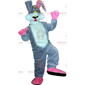 Disfraz de mascota de conejito gris y grandes orejas rosas