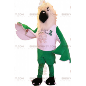 Kostium maskotki z białym ptakiem i zielonymi skrzydłami