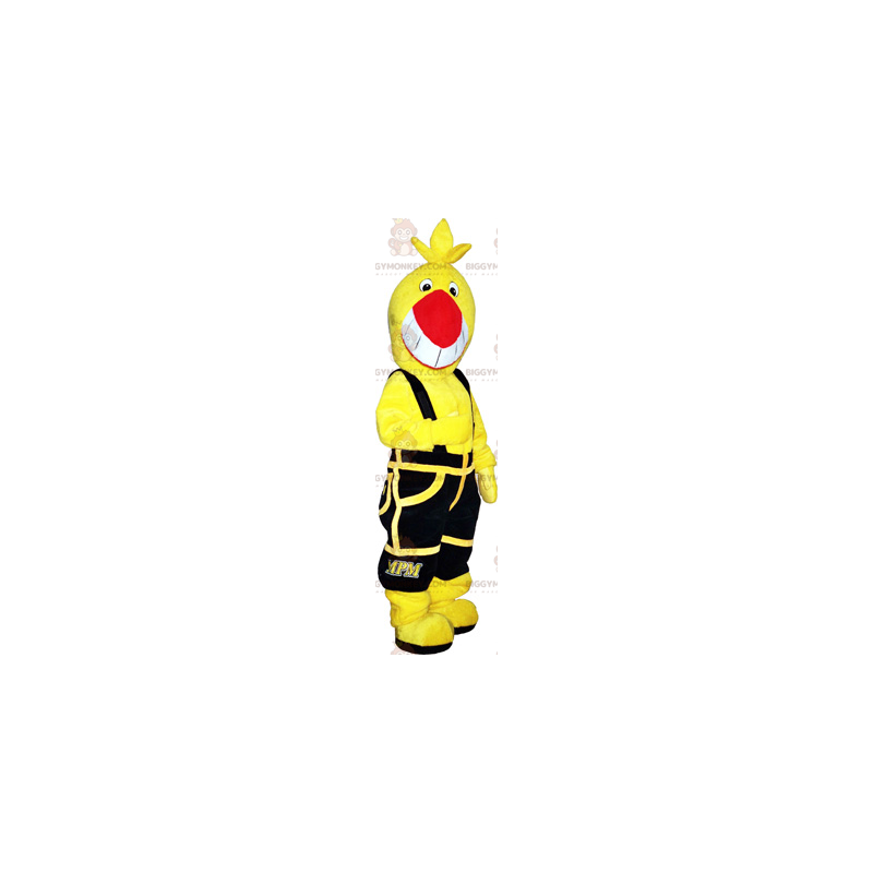 BIGGYMONKEY™ Mascottekostuum met gele vogel en zwarte overall -