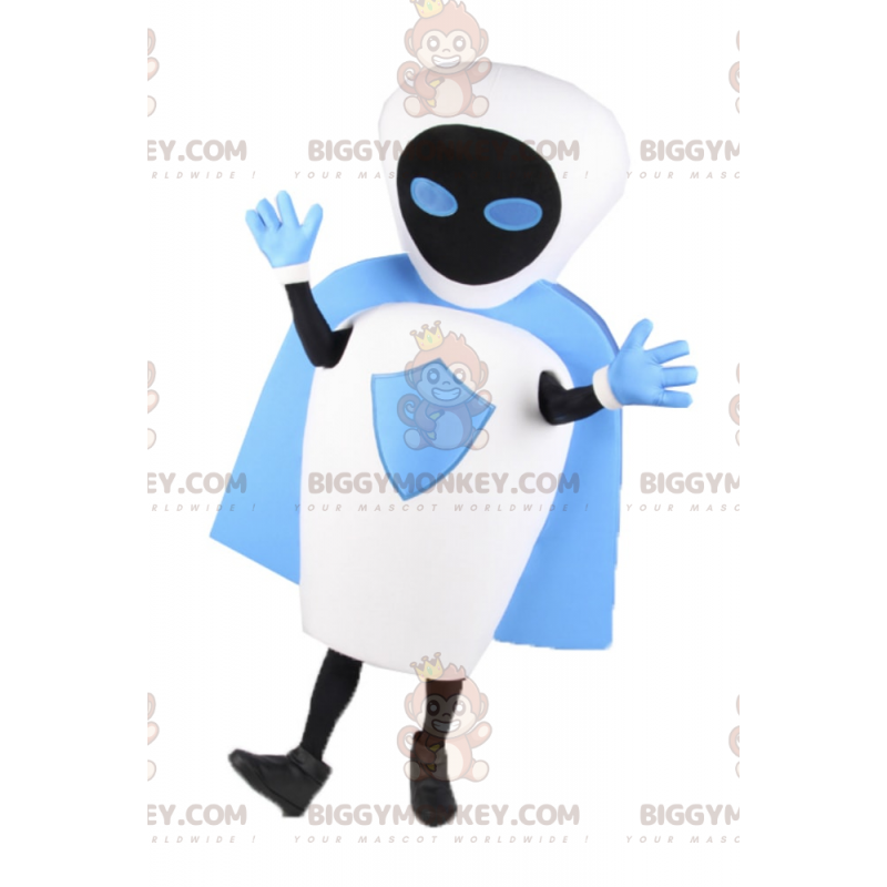 Traje de mascote de robô branco BIGGYMONKEY™ com capa azul –