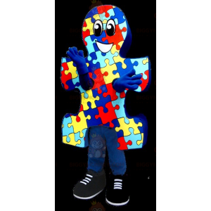 Costume de mascotte BIGGYMONKEY™ de pièce de puzzle bleu jaune