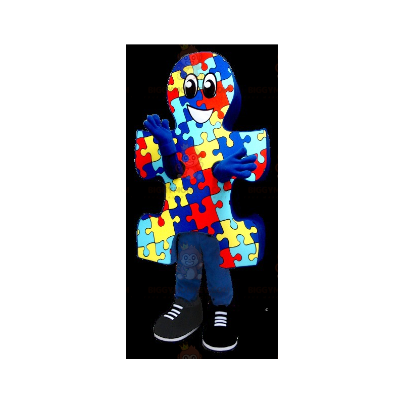 Costume de mascotte BIGGYMONKEY™ de pièce de puzzle bleu jaune