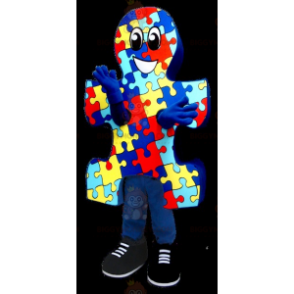 Costume de mascotte BIGGYMONKEY™ de pièce de puzzle bleu jaune