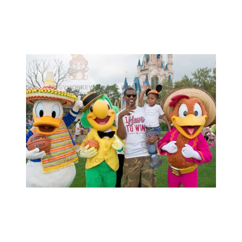 3 BIGGYMONKEY™s Disney Donald Duck mascot and 2 colorful birds