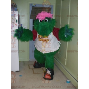 Traje de mascote BIGGYMONKEY™ de crocodilo peludo verde e rosa